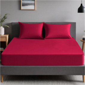 GC GAVENO CAVAILIA Plain Dyed Fitted Bedsheet Super King Red Super Soft & Comfy Non Iron Fitted Sheet