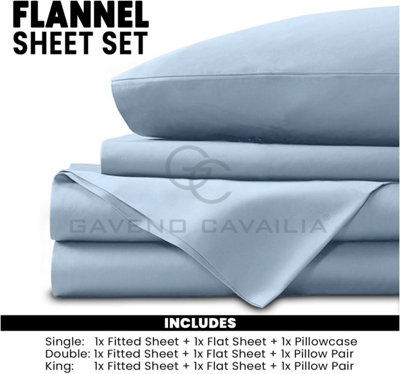 GC GAVENO CAVAILIA Plain Single Bed Flannelette Sheet Set Blue Thermal Soft Sheets Full Set - Fitted Sheet +Flat Sheet +Pillowcase