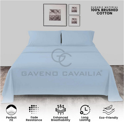 GC GAVENO CAVAILIA Plain Single Bed Flannelette Sheet Set Blue Thermal Soft Sheets Full Set - Fitted Sheet +Flat Sheet +Pillowcase