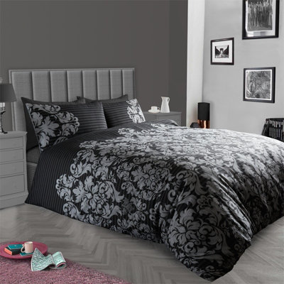 GC GAVENO CAVAILIA Royal damask duvet cover bedding set black double 3PC with reversible damask printed quilt cover