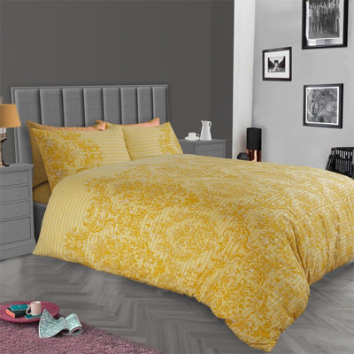 GC GAVENO CAVAILIA Royal damask duvet cover bedding set ochre double 3PC with reversible damask printed quilt cover