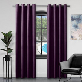 GC GAVENO CAVAILIA Silk Sheen Eyelet Curtain 66x54 Aubergine 100% Polyester Ring Top Fully Lined Drapes