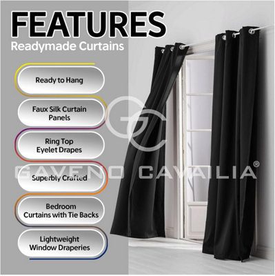 GC GAVENO CAVAILIA Silk Sheen Eyelet Curtain 66x54 Black 100% Polyester Ring Top Fully Lined Drapes