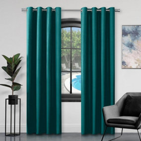 GC GAVENO CAVAILIA Silk Sheen Eyelet Curtain 66x54 Teal 100% Polyester Ring Top Fully Lined Drapes