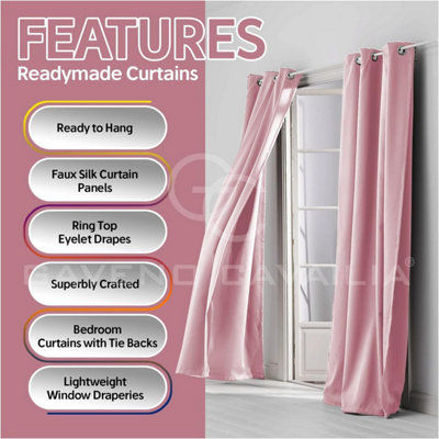 GC GAVENO CAVAILIA Silk Sheen Eyelet Curtain 66x90 Blush Pink 100% Polyester Ring Top Fully Lined Drapes