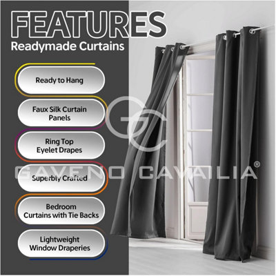 GC GAVENO CAVAILIA Silk Sheen Eyelet Curtain 66x90 Charcoal 100% Polyester Ring Top Fully Lined Drapes