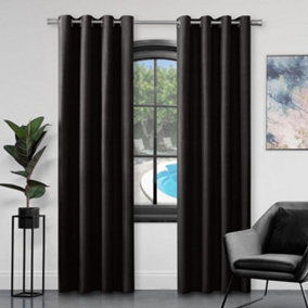 GC GAVENO CAVAILIA Silk Sheen Eyelet Curtain 90x90 Black 100% Polyester Ring Top Fully Lined Drapes