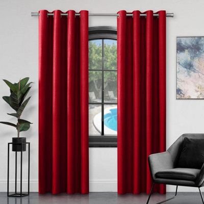 GC GAVENO CAVAILIA Silk Sheen Eyelet Curtain 90x90 Deep Red 100% Polyester Ring Top Fully Lined Drapes