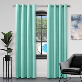 GC GAVENO CAVAILIA Silk Sheen Eyelet Curtain 90x90 Duck Egg 100% Polyester Ring Top Fully Lined Drapes