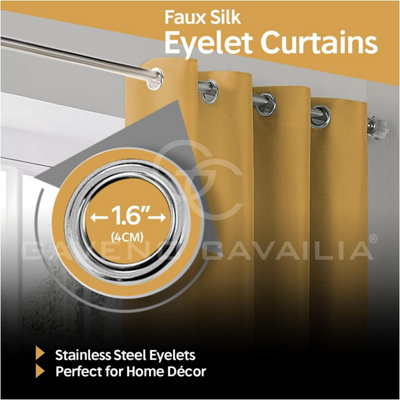 GC GAVENO CAVAILIA Silk Sheen Eyelet Curtain 90x90 Ochre 100% Polyester Ring Top Fully Lined Drapes