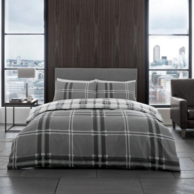 GC GAVENO CAVAILIA swiss cheked duvet cover bedding set grey double 3PC with reversible checkered print quilt cover