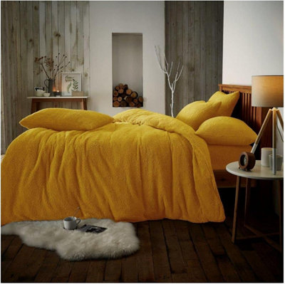 GC GAVENO CAVAILIA Teddy Bear Fleece Double Ochre Duvet Set With Matching Pillowcase Fluffy Warm & Cosy Super Soft Bedding set