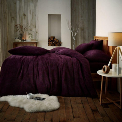 GC GAVENO CAVAILIA Teddy Bear Fleece Single Aubergine Duvet Set With Matching Pillowcase Fluffy Warm & Cosy Super Soft Bedding set