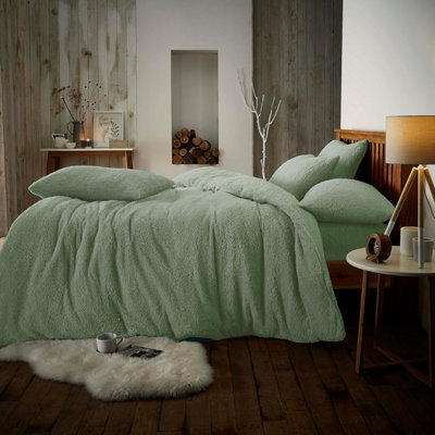 GC GAVENO CAVAILIA Teddy Fleece Double Sage Green Duvet Set With Matching Pillowcase Fluffy Warm & Cosy Super Soft Bedding set