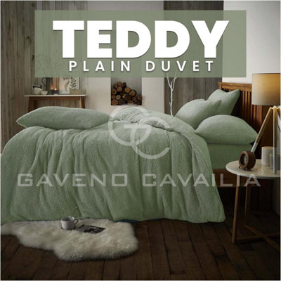 GC GAVENO CAVAILIA Teddy Fleece Double Sage Green Duvet Set With Matching Pillowcase Fluffy Warm & Cosy Super Soft Bedding set