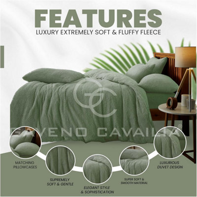 GC GAVENO CAVAILIA Teddy Fleece Double Sage Green Duvet Set With Matching Pillowcase Fluffy Warm & Cosy Super Soft Bedding set