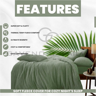 GC GAVENO CAVAILIA Teddy Fleece Double Sage Green Duvet Set With Matching Pillowcase Fluffy Warm & Cosy Super Soft Bedding set