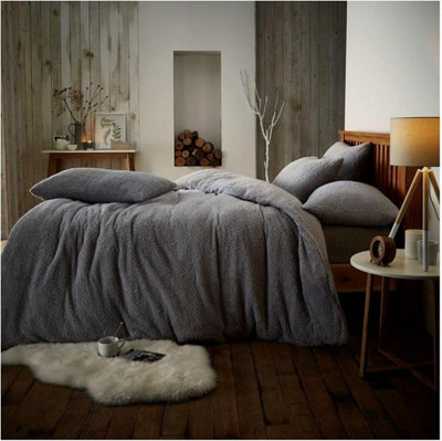 GC GAVENO CAVAILIA Teddy Fleece Double Silver Duvet Set With Matching Pillowcase Fluffy Warm & Cosy Super Soft Bedding set