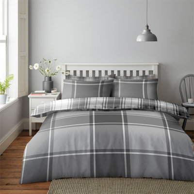 GC GAVENO CAVAILIA Timeless Tartan duvet cover bedding set grey double 3PC with checked design printed quilt cover