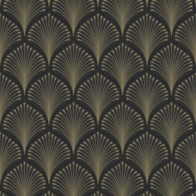 GDUK Art Deco Echium Textured Wallpaper, Black Gold