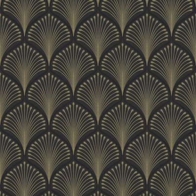 GDUK Art Deco Echium Textured Wallpaper, Black Gold