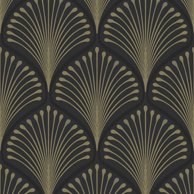 GDUK Art Deco Echium Textured Wallpaper, Black Gold