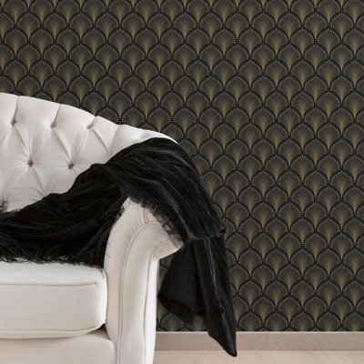 GDUK Art Deco Echium Textured Wallpaper, Black Gold