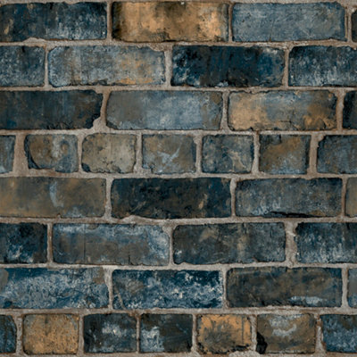 GDUK Brick Effect Elba Textured Wallpaper, Navy Ochre