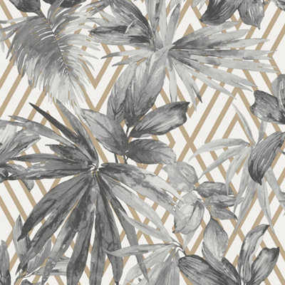 GDUK Geometric Leaf Melun Textured Wallpaper, Grey Gold