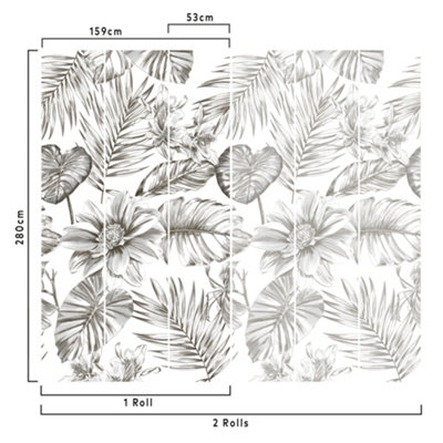 GDUK Leaves and Blooms 3 lane Repeatable Wallpaper Mural,1.59 x 2.8m, White