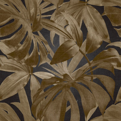 GDUK Monstera Leaf Amethy Textured Wallpaper, Black Gold