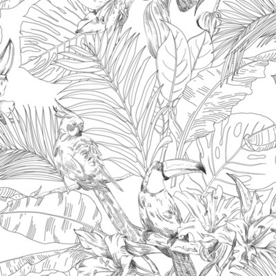 GDUK Oophoric Toucan Jungle Leaf Sketch Textured Wallpaper, Black White