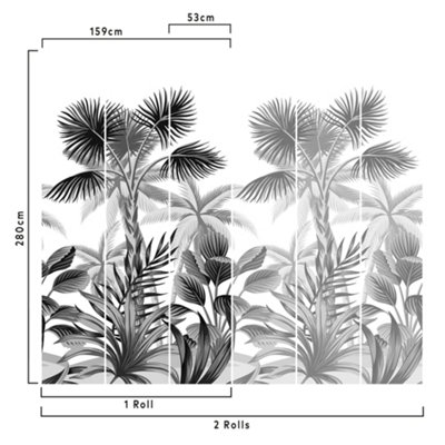 GDUK Palm Forest 3 Lane Repeatable Wallpaper Mural,1.59 x 2.8m, Black & White