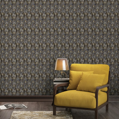 GDUK Tribal Art Deco Ametri Textured Wallpaper, Black Gold