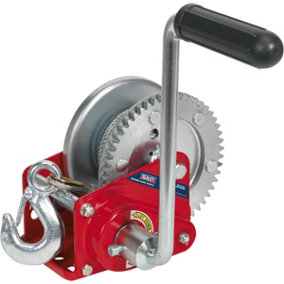 Geared Hand Winch with Brake & Cable - 540kg Capacity - Hardened Steel Gear