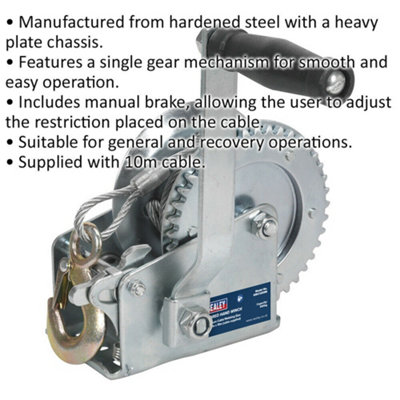 Geared Hand Winch with Cable - 540kg Capacity - Hardened Steel - Manual Break