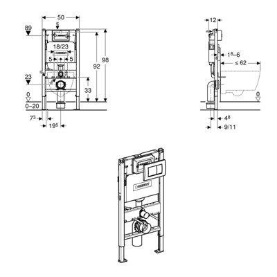 Geberit Duofix Delta 98cm Frame with Delta Cistern for Wall-Hung Toilets inc Delta30 Chrome Flush Plate - 3