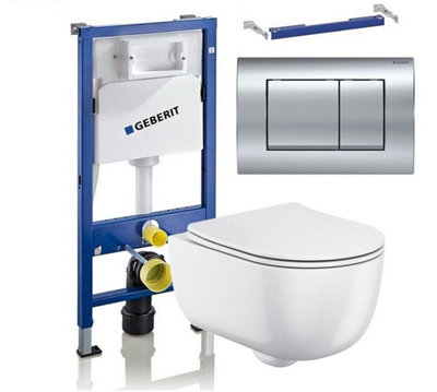 Geberit duofix delta chrome concealed cistern wc frame 1.12 rimless wall hung toilet pan soft close seat 5 in 1 458.119.21.2