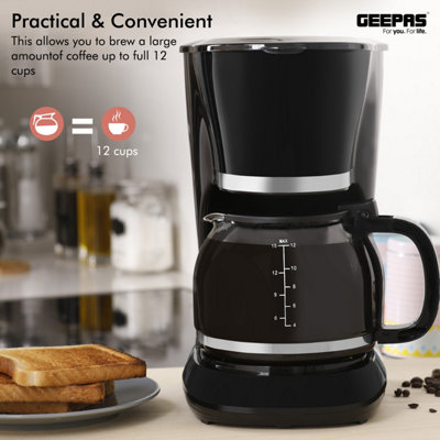 Geepas 1.5L Filter Coffee Machine 800W Coffee Maker for Instant Coffee, Espresso, Macchiato & More Boil-Dry Protection