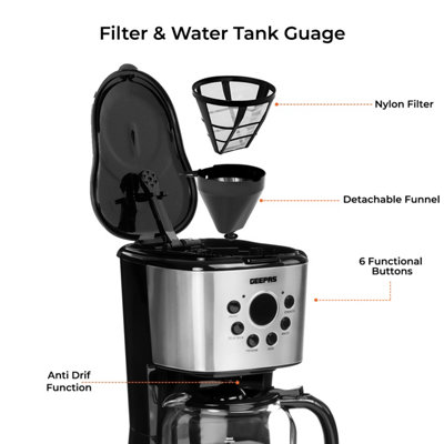 Geepas 1.5L Filter Coffee Machine, 900W - Programmable Drip Coffee Maker for Instant Coffee Espresso Macchiato, 40min Keep Warm