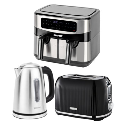 Geepas 1.7 Kettle 2 Slice Bread Toaster & 9L Dual Zone Air Fryer Kitchen Set