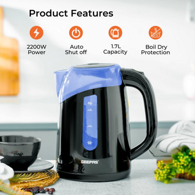Geepas 1.7L Cordless Electric Kettle Boil Dry Protection with Illuminating LED Light 2200W