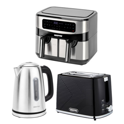 Geepas 1.7L Illuminating Electric Kettle 2 Slice Bread Toaster & 9L Dual Zone Air Fryer Combo Kitchen Set