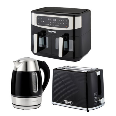 Geepas 1.7L Illuminating Electric Kettle 2 Slice Bread Toaster & 9L Dual Zone Air Fryer Kitchen Combo Set