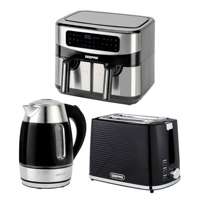 Geepas 1.7L Illuminating Electric Kettle 2 Slice Bread Toaster & 9L Dual Zone Air Fryer Kitchen Combo Set