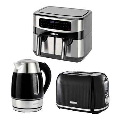 Geepas 1.7L Illuminating Electric Kettle 2 Slice Bread Toaster & 9L Dual Zone Air Fryer Kitchen Combo Set