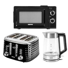 Geepas 1.7L Illuminating Kettle, Toaster & Oven Set, 4 Slice textured Bread Toaster 20L Manual Microwave Oven, Black
