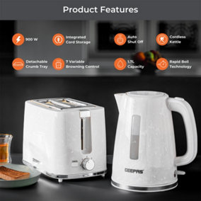 Geepas 1.7L Kettle and 2 Slice Toaster Set with Marble Pattern Design, White