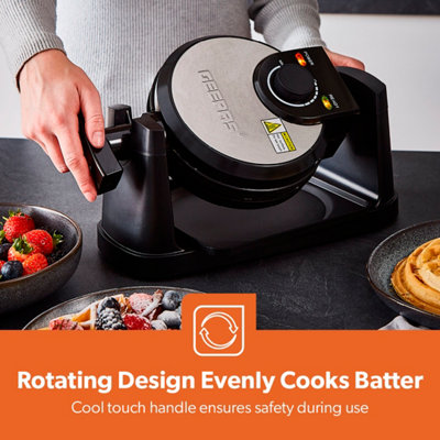 Geepas 1000W Rotating Belgian Waffle Maker Rotary Waffle Iron Machine with Non Stick Plates Auto Temperature Control