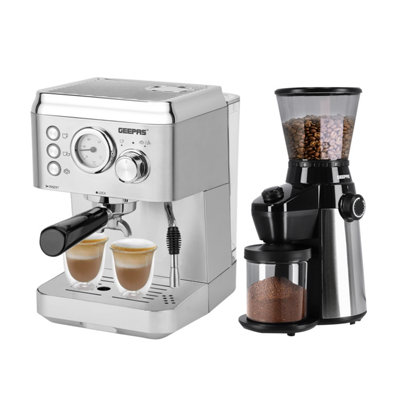Geepas 1140W Espresso & Cappuccino Coffee Machine & Conical Burr Coffee